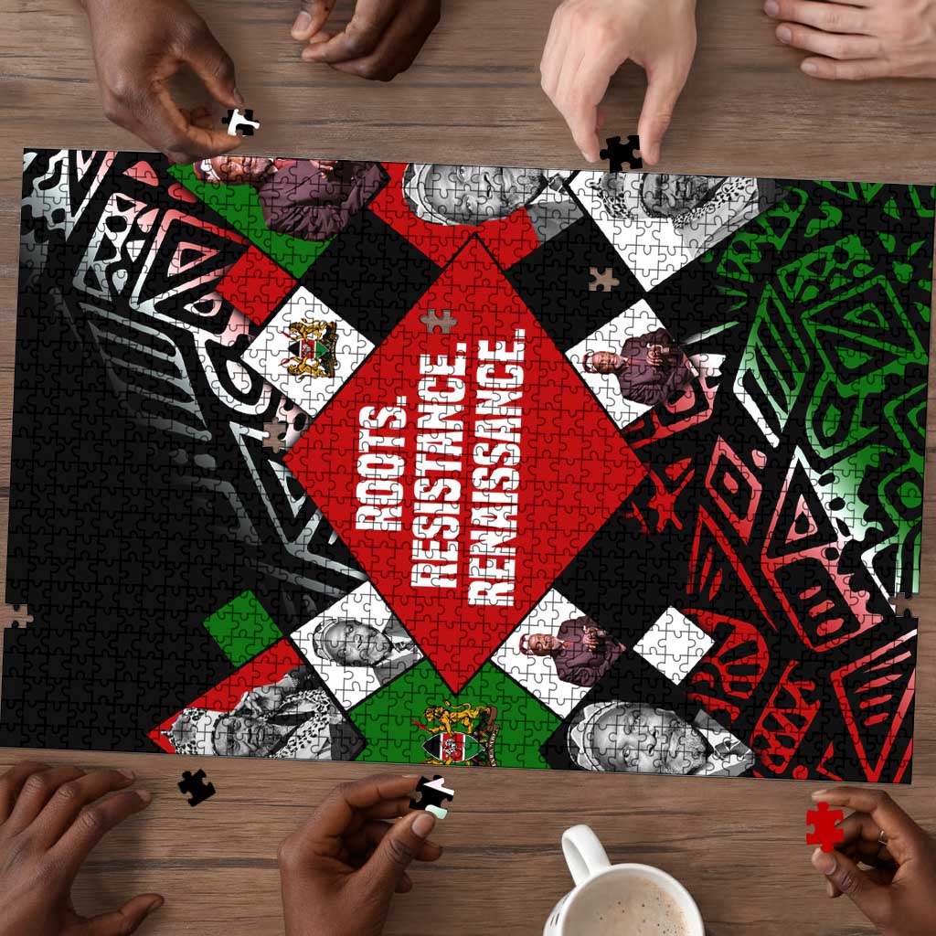 Jomo Kenyatta Puzzle with Roots Resistance Renaissance and Kenyan Patchwork Pattern Tribute - African Pride