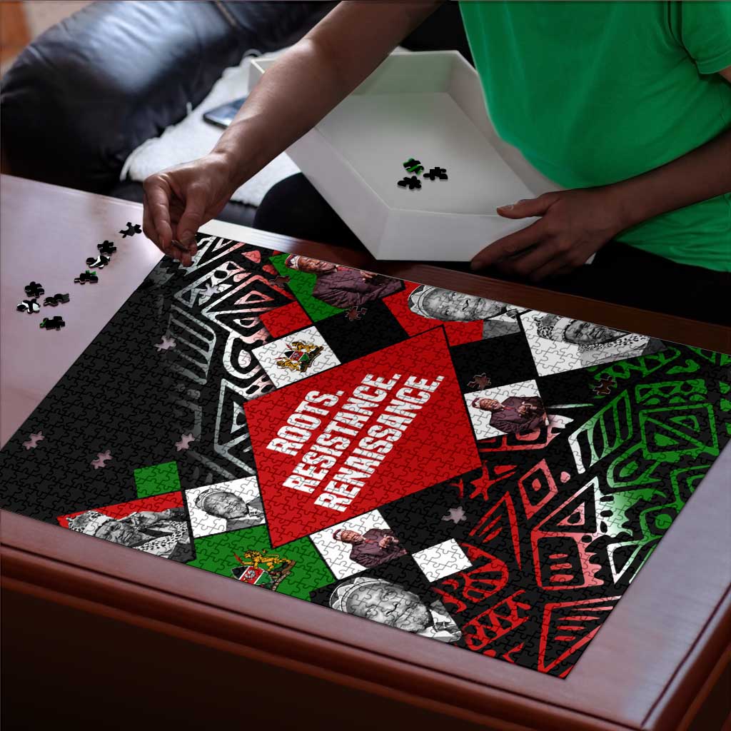 Jomo Kenyatta Puzzle with Roots Resistance Renaissance and Kenyan Patchwork Pattern Tribute - African Pride