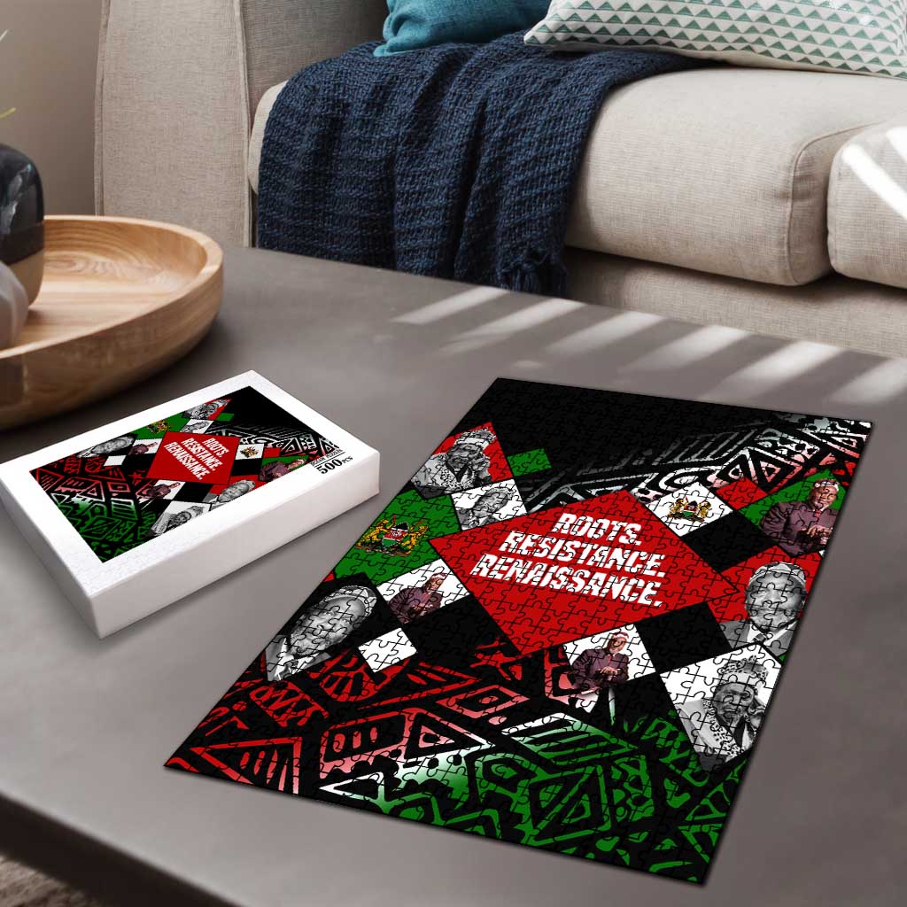 Jomo Kenyatta Puzzle with Roots Resistance Renaissance and Kenyan Patchwork Pattern Tribute - African Pride