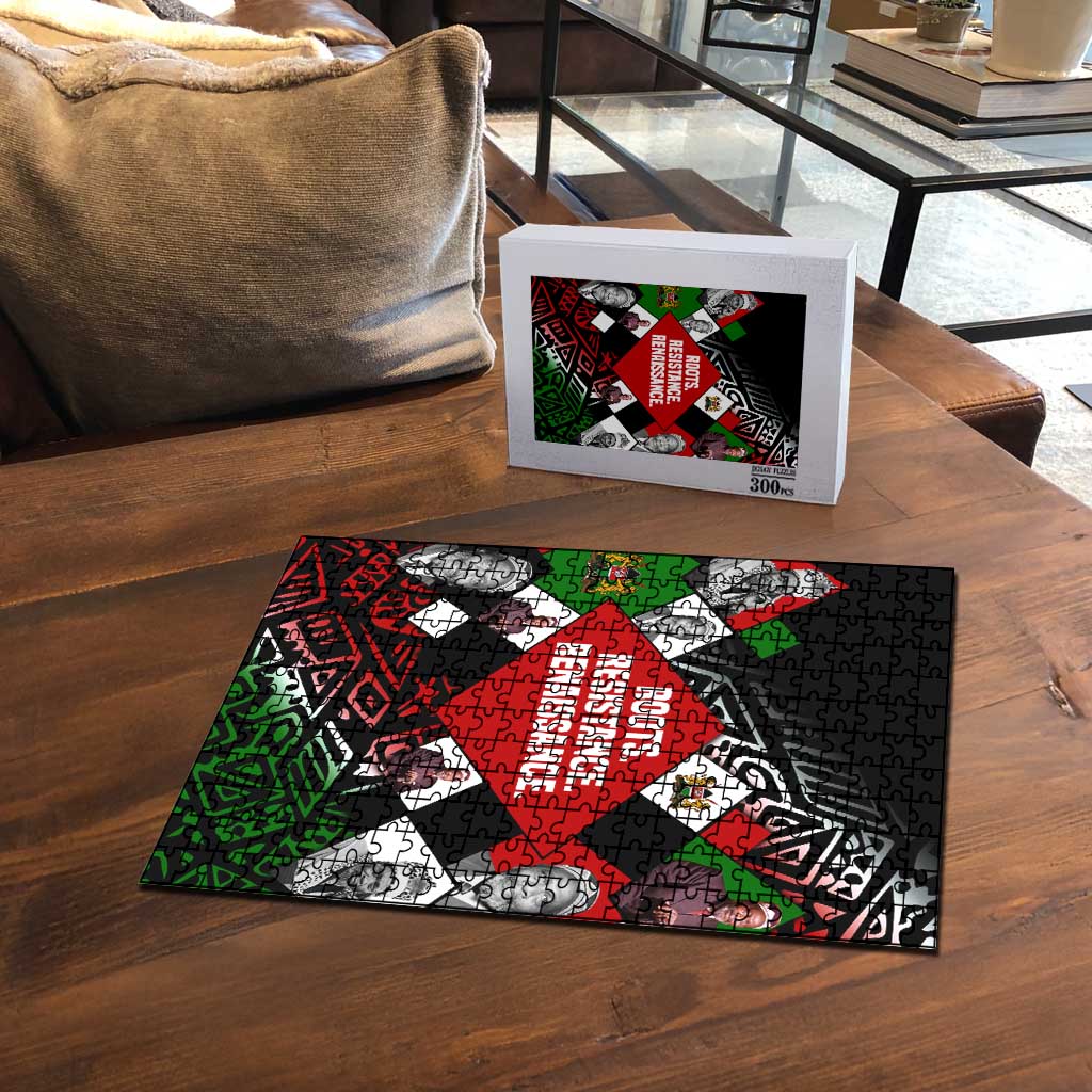 Jomo Kenyatta Puzzle with Roots Resistance Renaissance and Kenyan Patchwork Pattern Tribute - African Pride