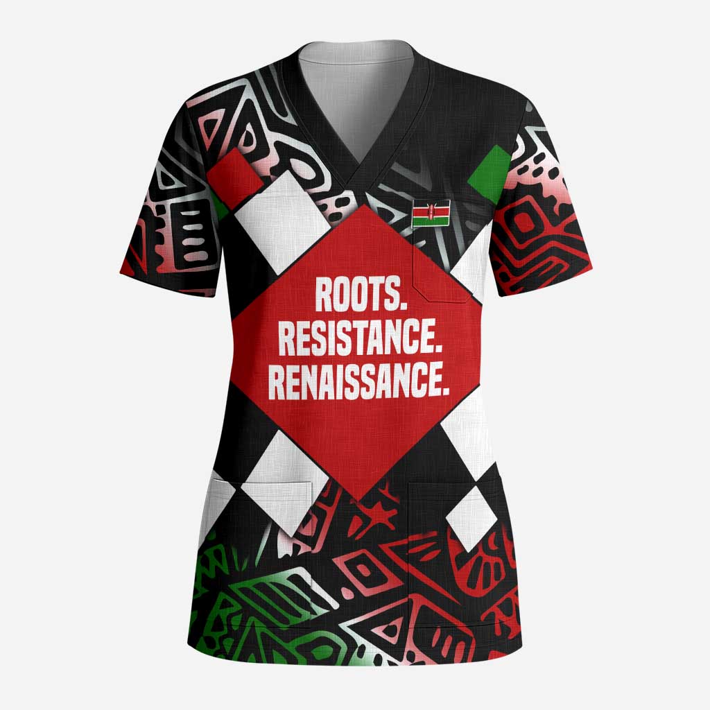 Jomo Kenyatta Scrub Top with Roots Resistance Renaissance and Kenyan Patchwork Pattern Tribute - African Pride