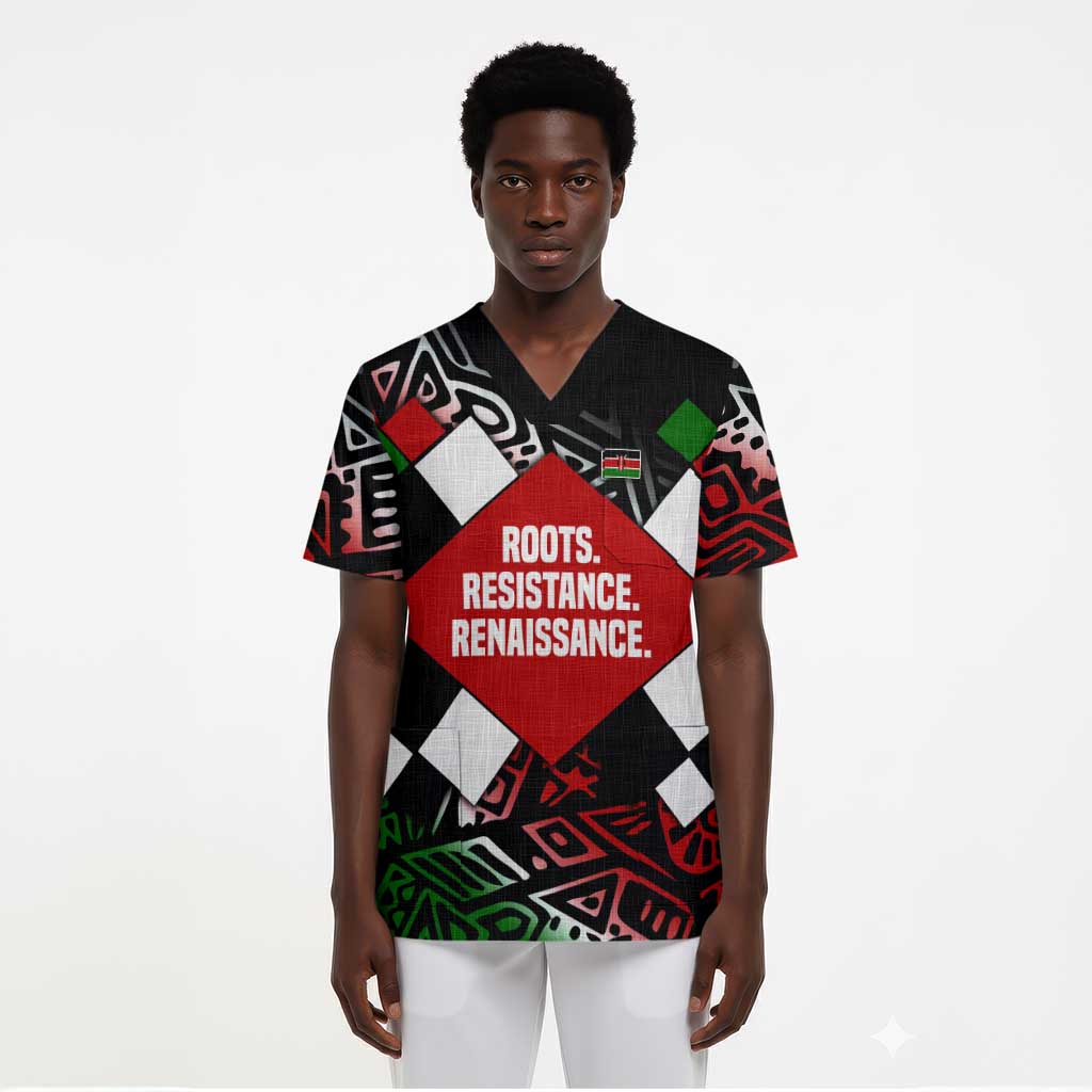 Jomo Kenyatta Scrub Top with Roots Resistance Renaissance and Kenyan Patchwork Pattern Tribute - African Pride