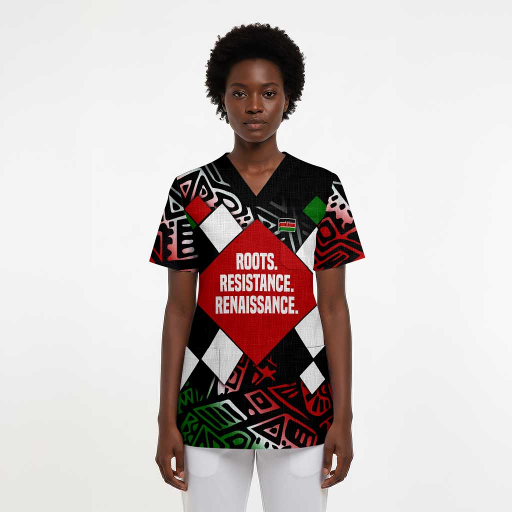 Jomo Kenyatta Scrub Top with Roots Resistance Renaissance and Kenyan Patchwork Pattern Tribute - African Pride
