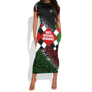 Jomo Kenyatta Short Sleeve Bodycon Dress with Roots Resistance Renaissance and Kenyan Patchwork Pattern Tribute - African Pride