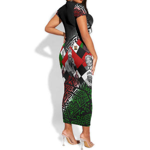 Jomo Kenyatta Short Sleeve Bodycon Dress with Roots Resistance Renaissance and Kenyan Patchwork Pattern Tribute - African Pride
