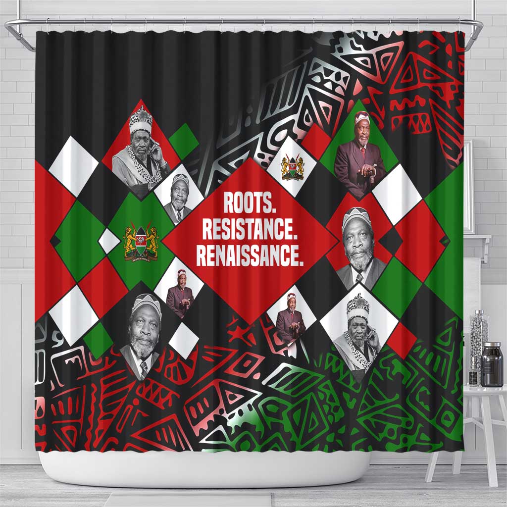 Jomo Kenyatta Shower Curtain with Roots Resistance Renaissance and Kenyan Patchwork Pattern Tribute - African Pride
