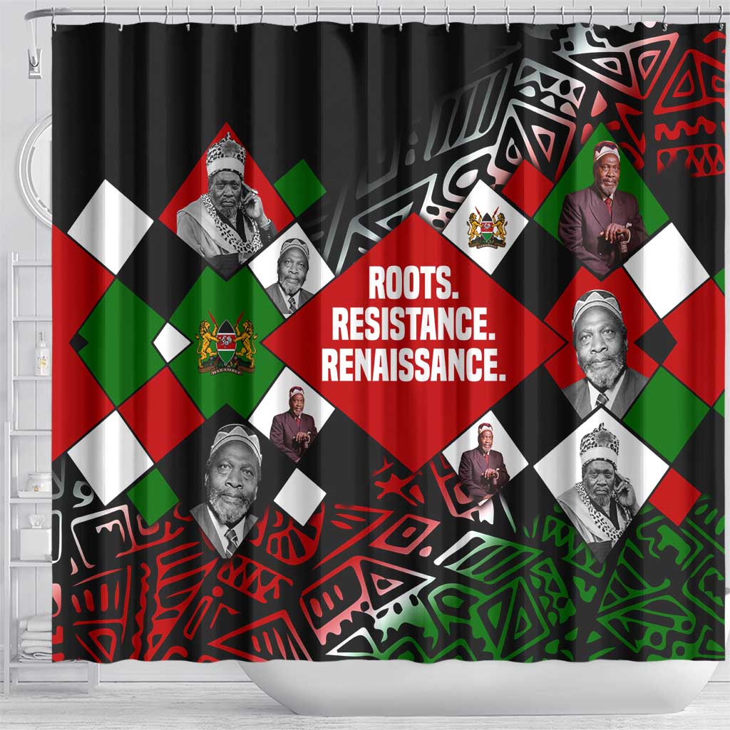 Jomo Kenyatta Shower Curtain with Roots Resistance Renaissance and Kenyan Patchwork Pattern Tribute - African Pride