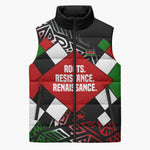 Jomo Kenyatta Sleeveless Puffer Jacket with Roots Resistance Renaissance and Kenyan Patchwork Pattern Tribute - African Pride