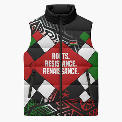 Jomo Kenyatta Sleeveless Puffer Jacket with Roots Resistance Renaissance and Kenyan Patchwork Pattern Tribute - African Pride