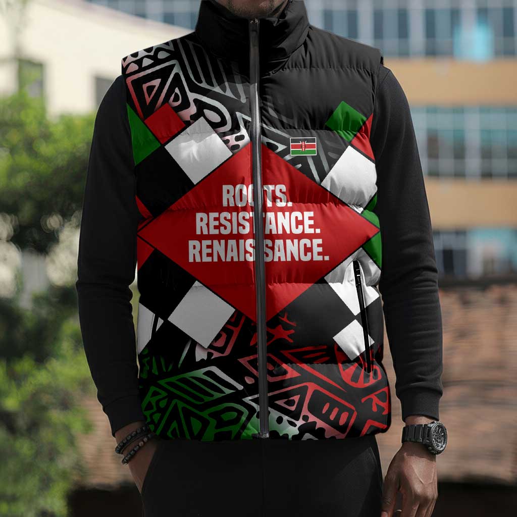 Jomo Kenyatta Sleeveless Puffer Jacket with Roots Resistance Renaissance and Kenyan Patchwork Pattern Tribute - African Pride