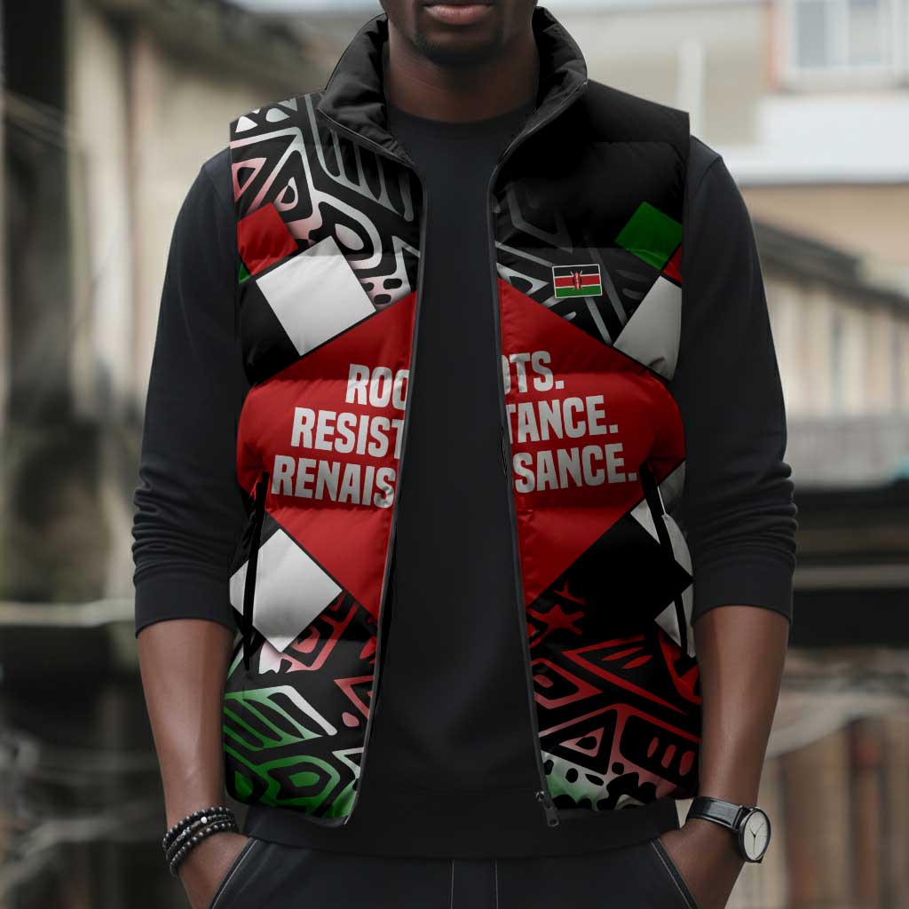 Jomo Kenyatta Sleeveless Puffer Jacket with Roots Resistance Renaissance and Kenyan Patchwork Pattern Tribute - African Pride