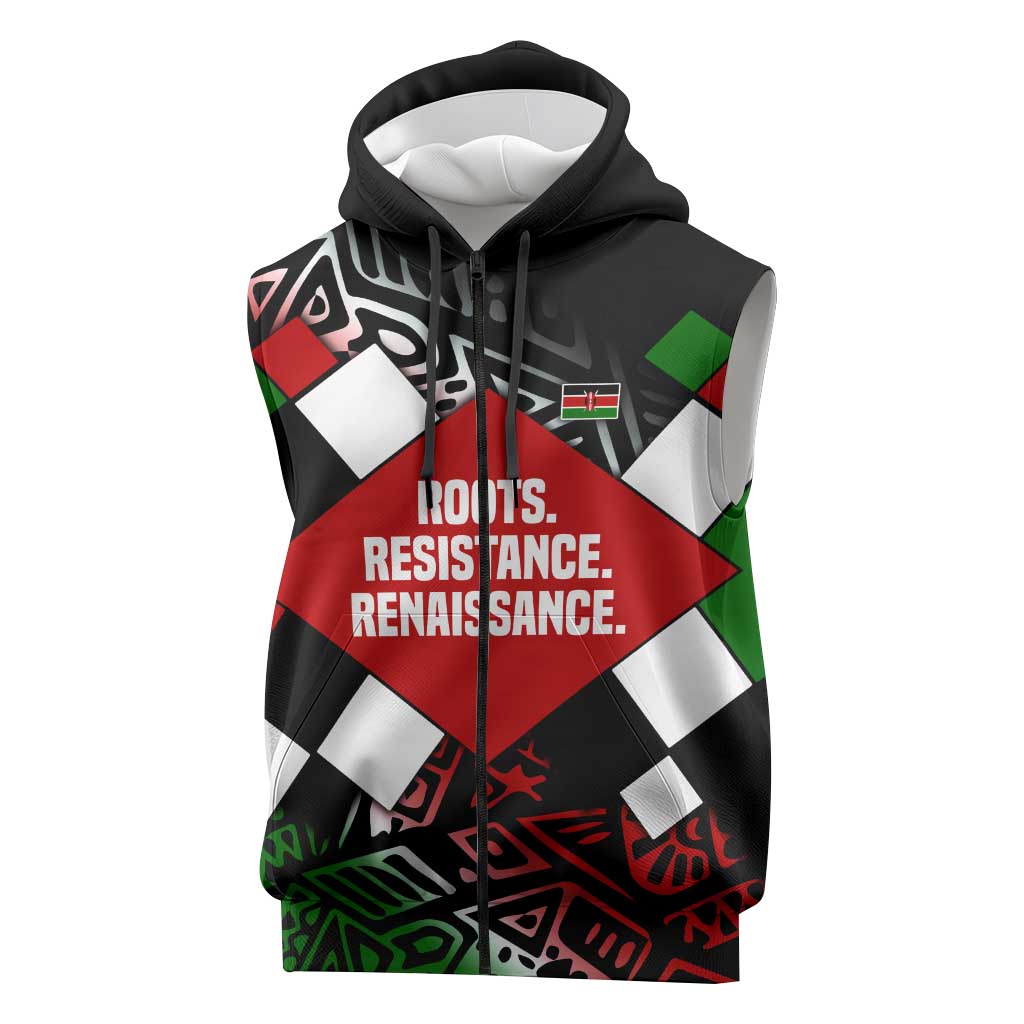 Jomo Kenyatta Sleeveless Zip Hoodie with Roots Resistance Renaissance and Kenyan Patchwork Pattern Tribute - African Pride