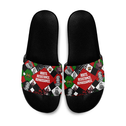 Jomo Kenyatta Slide Sandals with Roots Resistance Renaissance and Kenyan Patchwork Pattern Tribute - African Pride