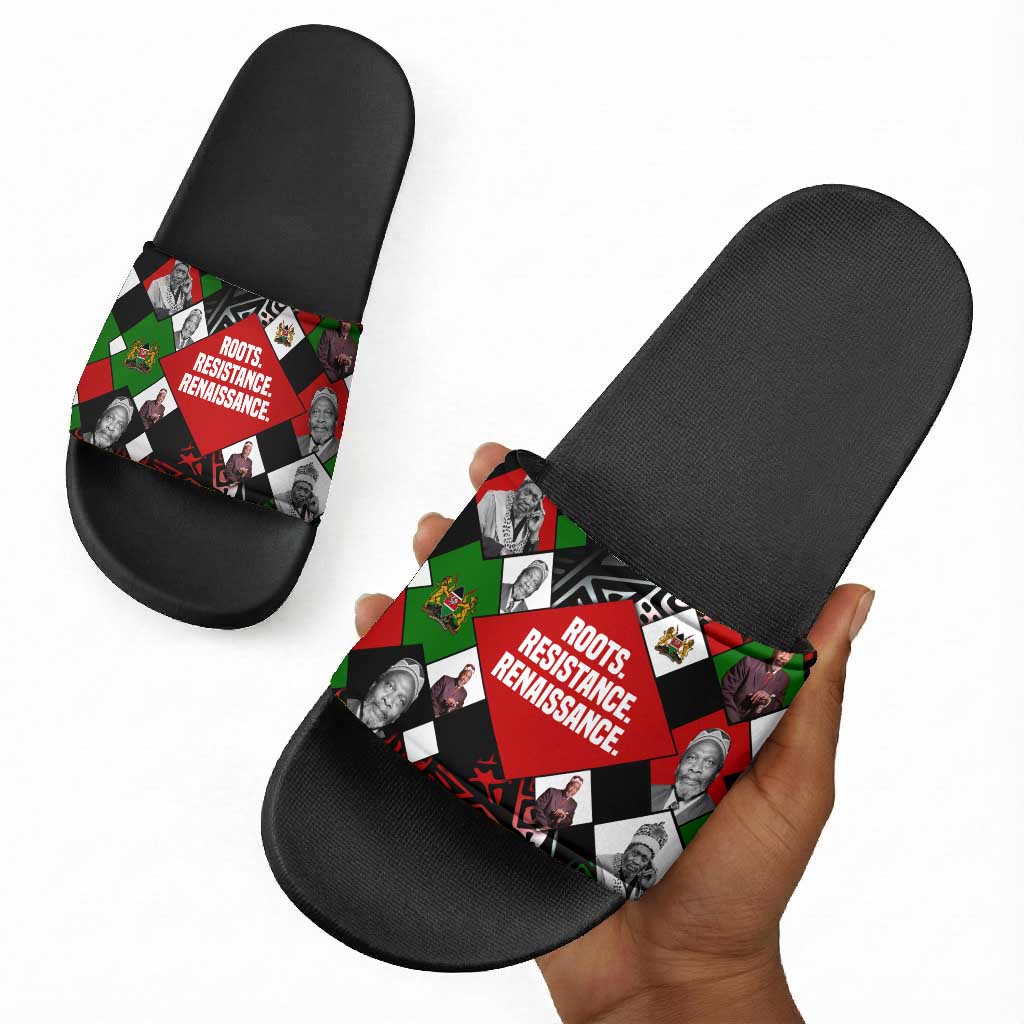 Jomo Kenyatta Slide Sandals with Roots Resistance Renaissance and Kenyan Patchwork Pattern Tribute - African Pride