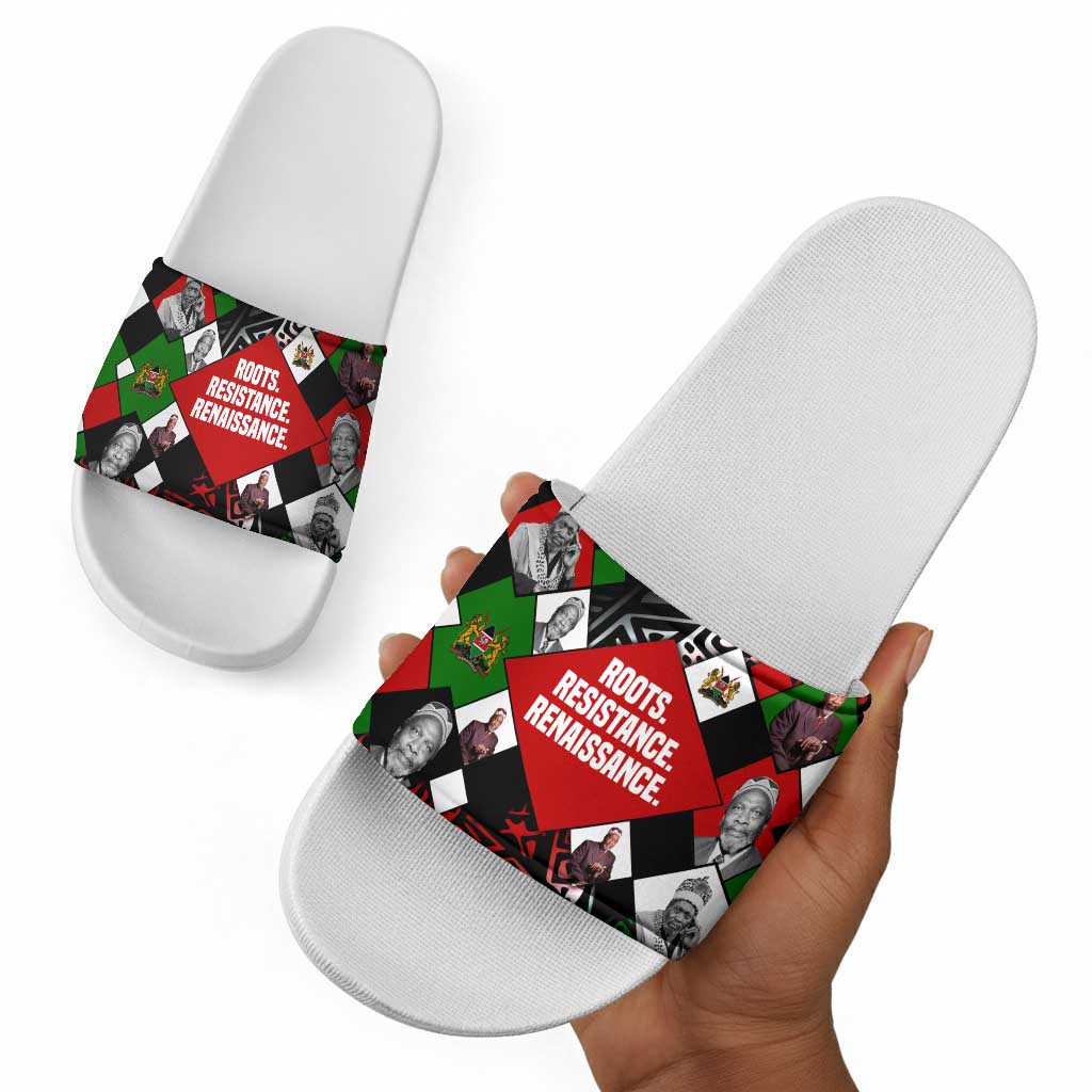 Jomo Kenyatta Slide Sandals with Roots Resistance Renaissance and Kenyan Patchwork Pattern Tribute - African Pride
