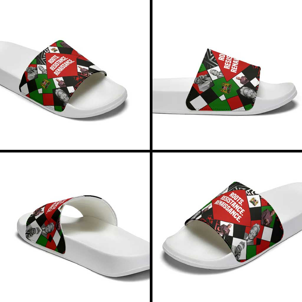 Jomo Kenyatta Slide Sandals with Roots Resistance Renaissance and Kenyan Patchwork Pattern Tribute - African Pride
