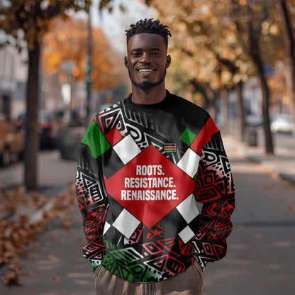 Jomo Kenyatta Sweatshirt with Roots Resistance Renaissance and Kenyan Patchwork Pattern Tribute - African Pride