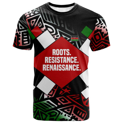 Jomo Kenyatta T shirt with Roots Resistance Renaissance and Kenyan Patchwork Pattern Tribute - African Pride