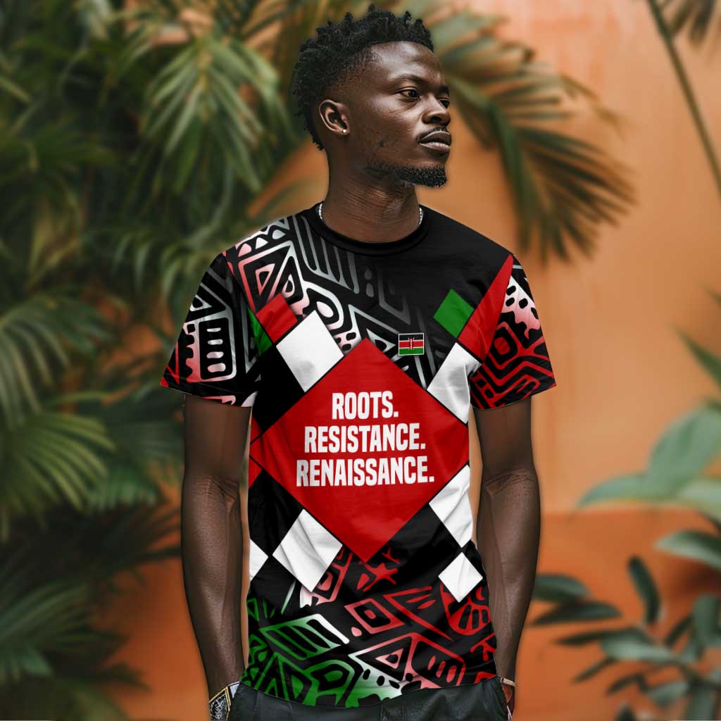 Jomo Kenyatta T shirt with Roots Resistance Renaissance and Kenyan Patchwork Pattern Tribute - African Pride