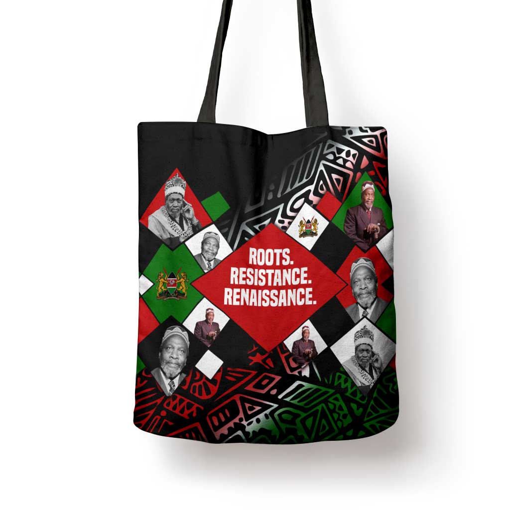 Jomo Kenyatta Tote Bag with Roots Resistance Renaissance and Kenyan Patchwork Pattern Tribute - African Pride
