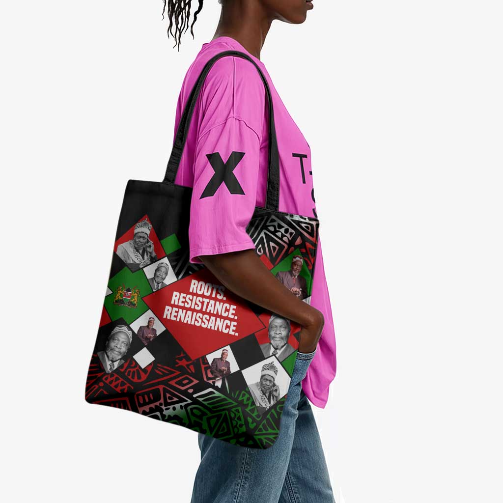 Jomo Kenyatta Tote Bag with Roots Resistance Renaissance and Kenyan Patchwork Pattern Tribute - African Pride