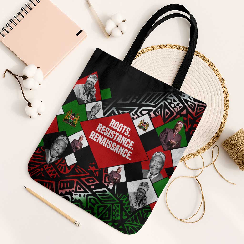 Jomo Kenyatta Tote Bag with Roots Resistance Renaissance and Kenyan Patchwork Pattern Tribute - African Pride