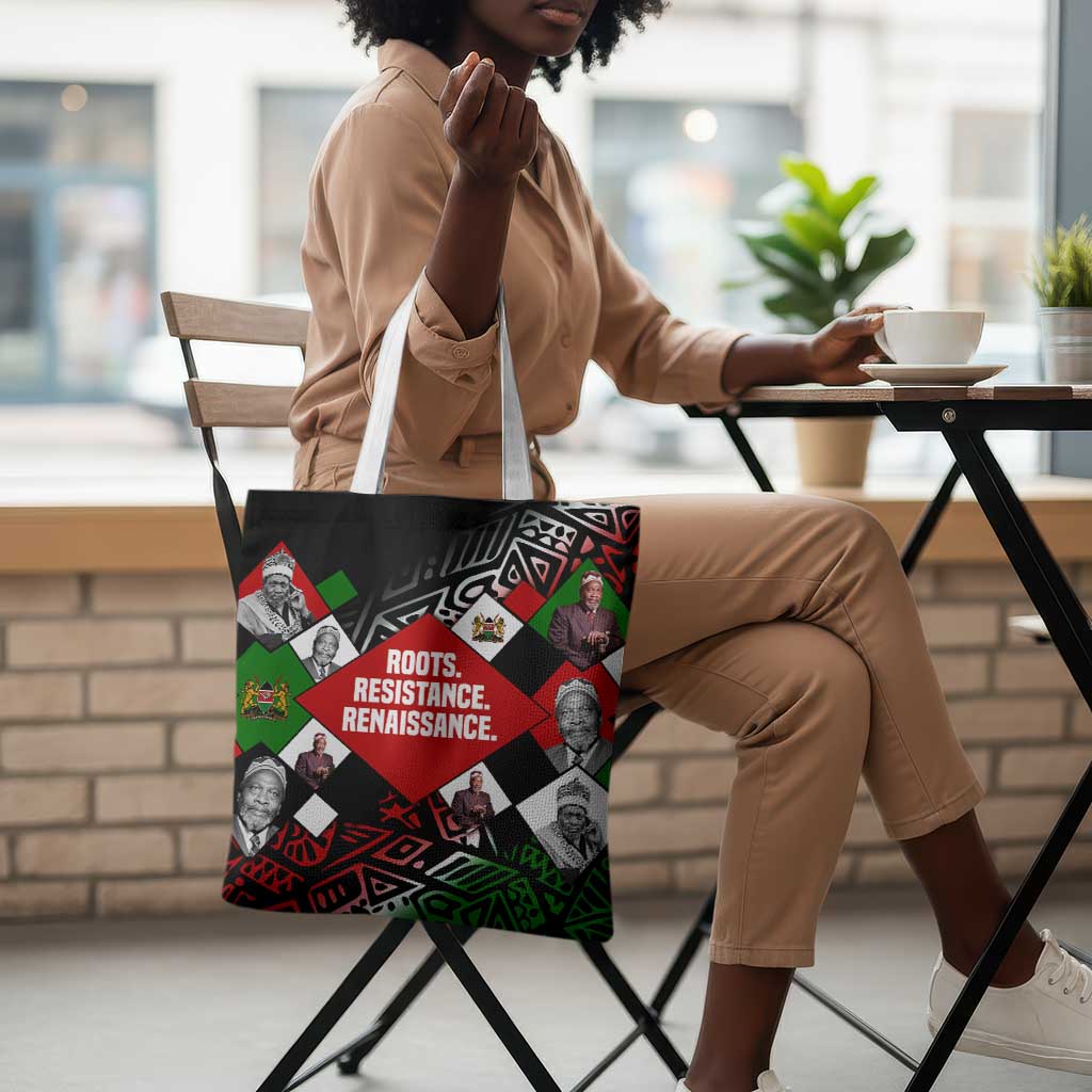 Jomo Kenyatta Tote Bag with Roots Resistance Renaissance and Kenyan Patchwork Pattern Tribute - African Pride