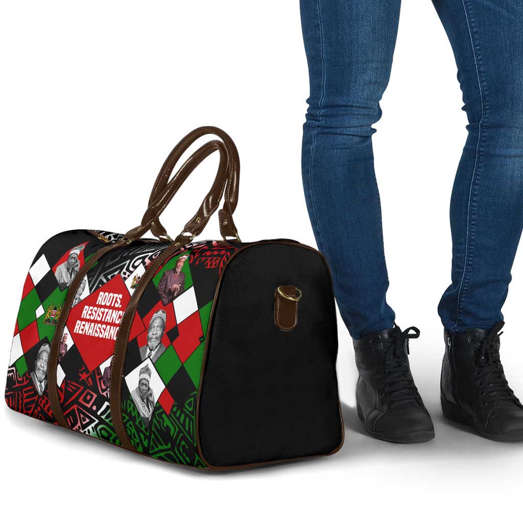 Jomo Kenyatta Travel Bag with Roots Resistance Renaissance and Kenyan Patchwork Pattern Tribute - African Pride