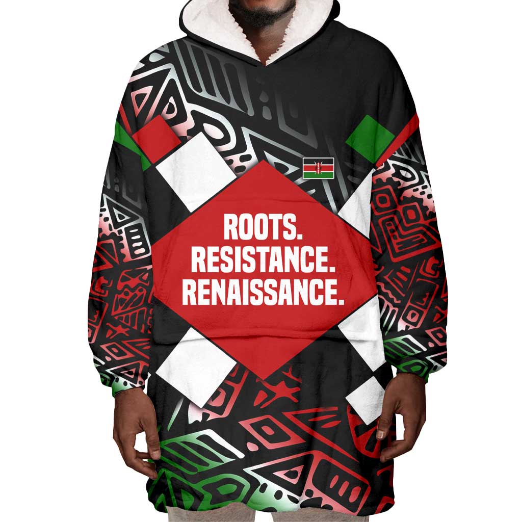 Jomo Kenyatta Wearable Blanket Hoodie with Roots Resistance Renaissance and Kenyan Patchwork Pattern Tribute - African Pride