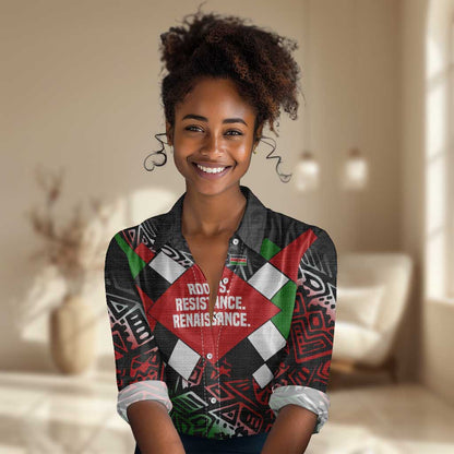 Jomo Kenyatta Women Casual Shirt with Roots Resistance Renaissance and Kenyan Patchwork Pattern Tribute - African Pride