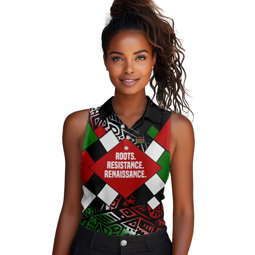 Jomo Kenyatta Women Sleeveless Polo Shirt with Roots Resistance Renaissance and Kenyan Patchwork Pattern Tribute - African Pride