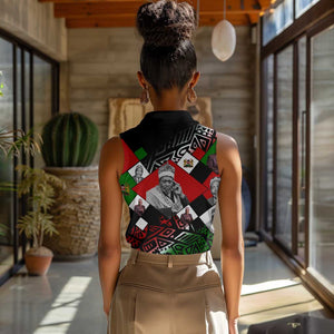 Jomo Kenyatta Women Sleeveless Polo Shirt with Roots Resistance Renaissance and Kenyan Patchwork Pattern Tribute - African Pride