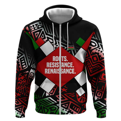 Jomo Kenyatta Zip Hoodie with Roots Resistance Renaissance and Kenyan Patchwork Pattern Tribute - African Pride
