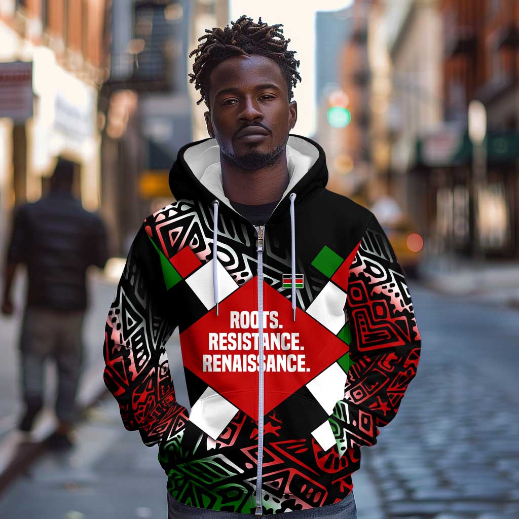 Jomo Kenyatta Zip Hoodie with Roots Resistance Renaissance and Kenyan Patchwork Pattern Tribute - African Pride