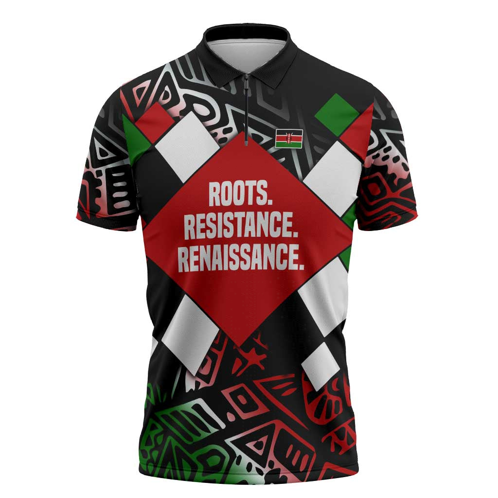 Jomo Kenyatta Zipper Polo Shirt with Roots Resistance Renaissance and Kenyan Patchwork Pattern Tribute - African Pride