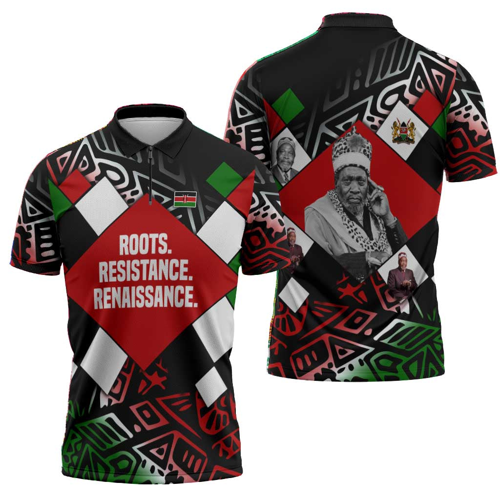 Jomo Kenyatta Zipper Polo Shirt with Roots Resistance Renaissance and Kenyan Patchwork Pattern Tribute - African Pride