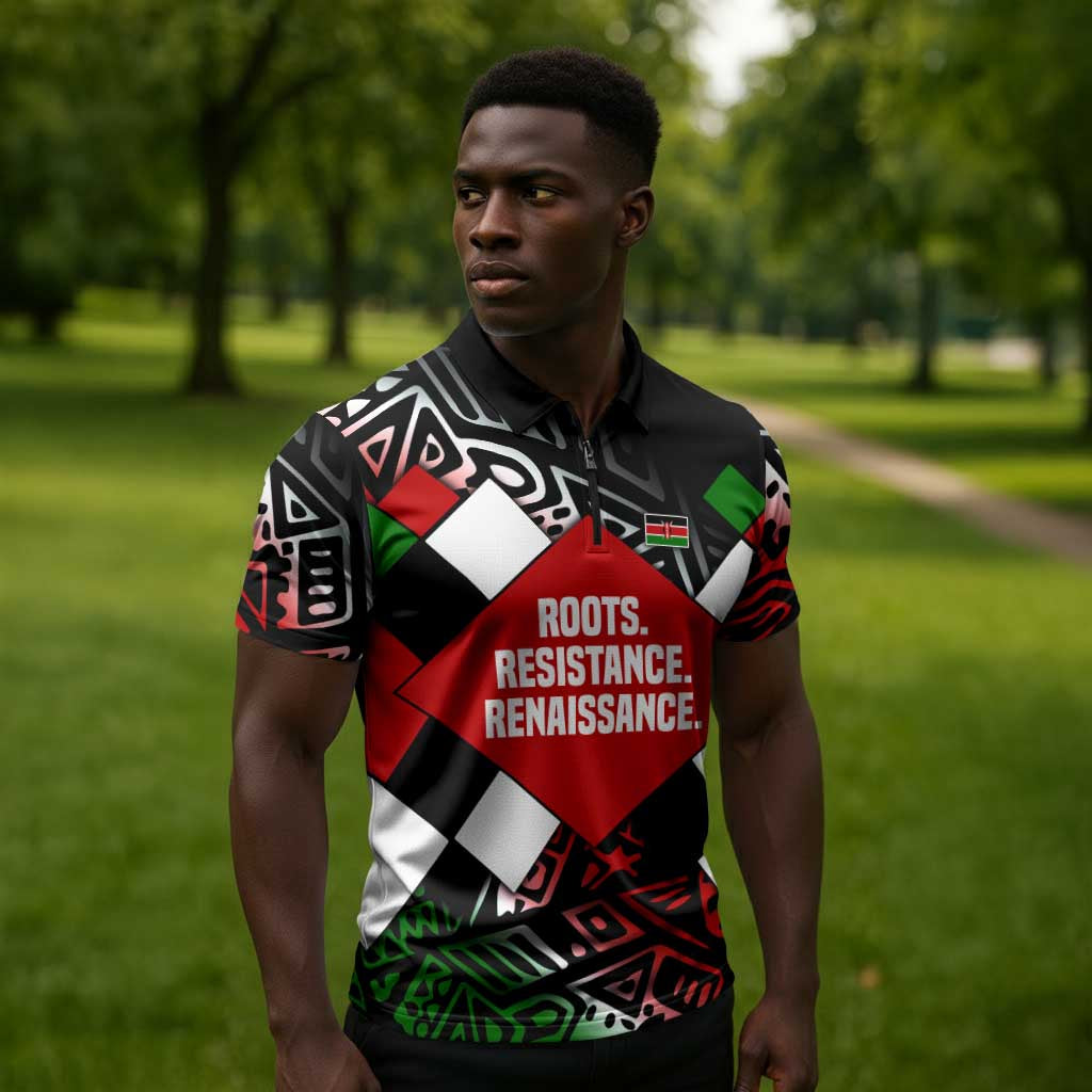 Jomo Kenyatta Zipper Polo Shirt with Roots Resistance Renaissance and Kenyan Patchwork Pattern Tribute - African Pride