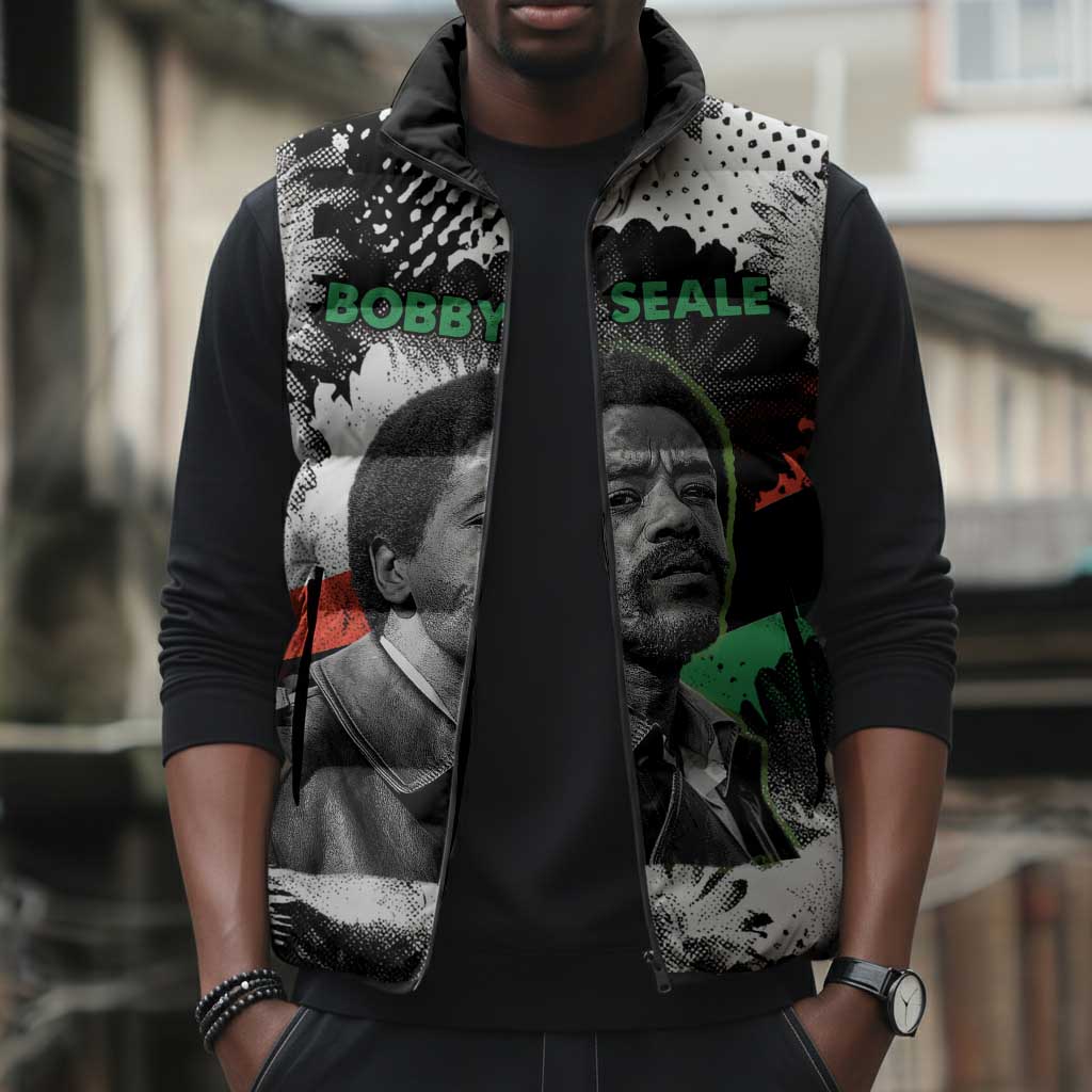 Bobby Seale Sleeveless Puffer Jacket Black Panther Artwork Solidarity Quote Revolutionary Civil Rights Tribute - African Pride