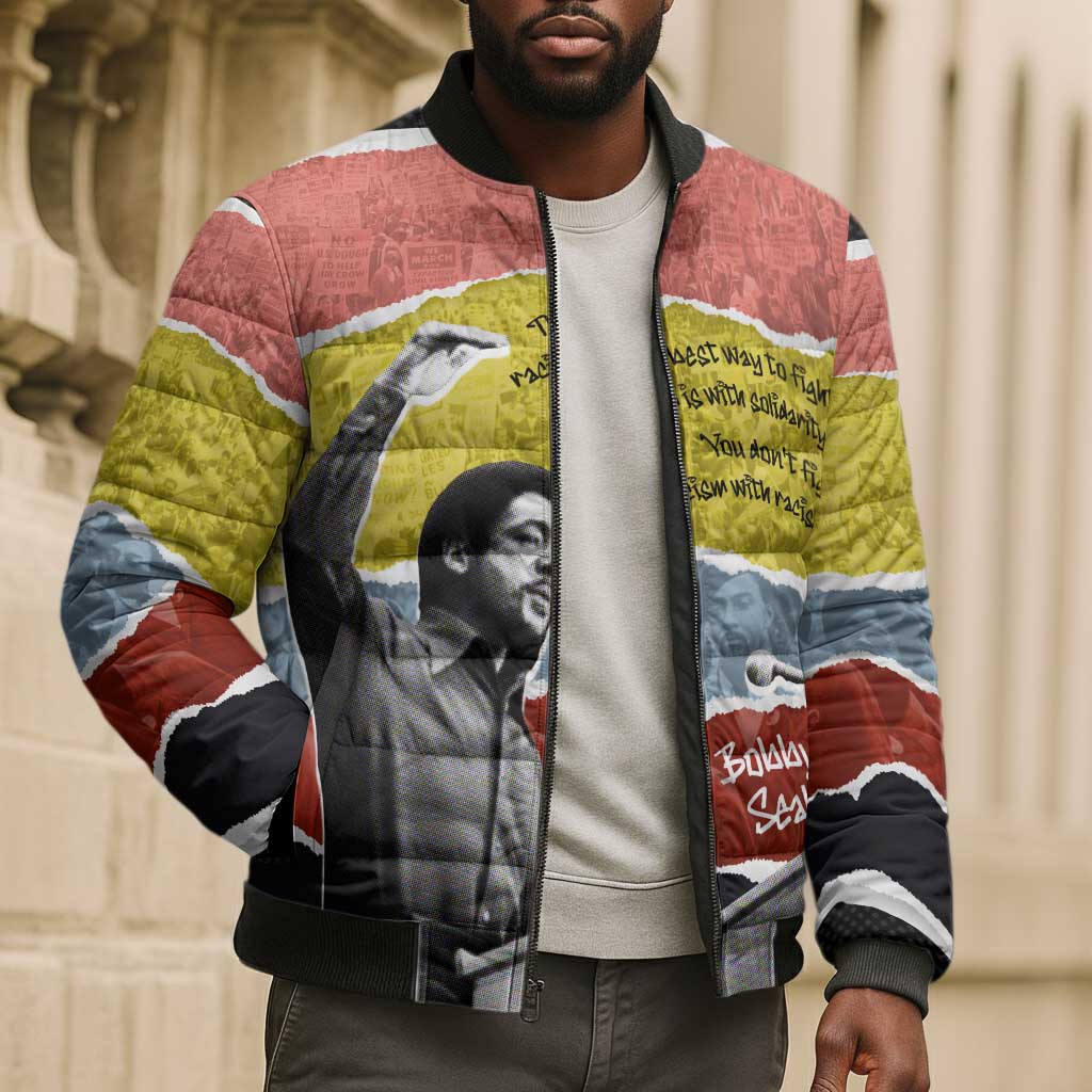 Bobby Seale Bomber Puffer Jacket Torn Paper Collage Design Solidarity Quote Powerful Speech Artwork Civil Rights - African Pride