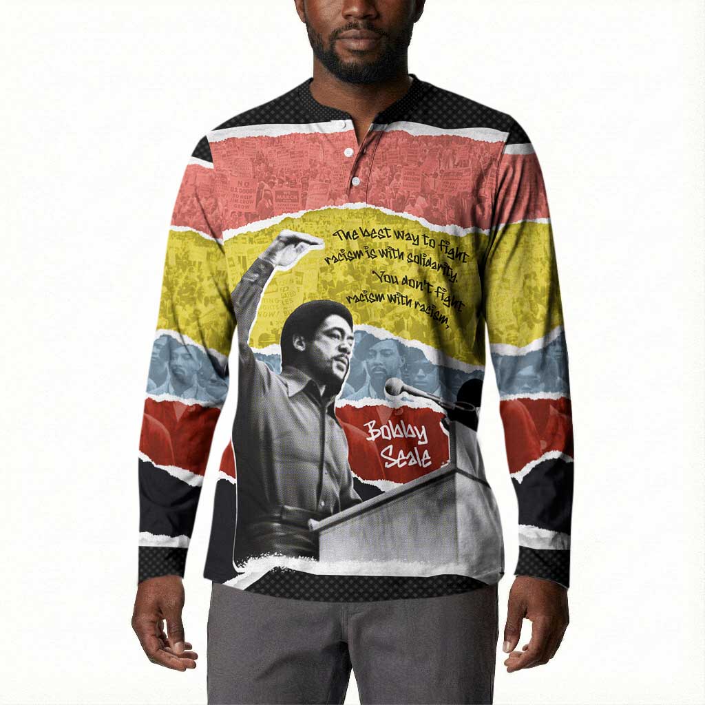 Bobby Seale Button Sweatshirt Torn Paper Collage Design Solidarity Quote Powerful Speech Artwork Civil Rights
