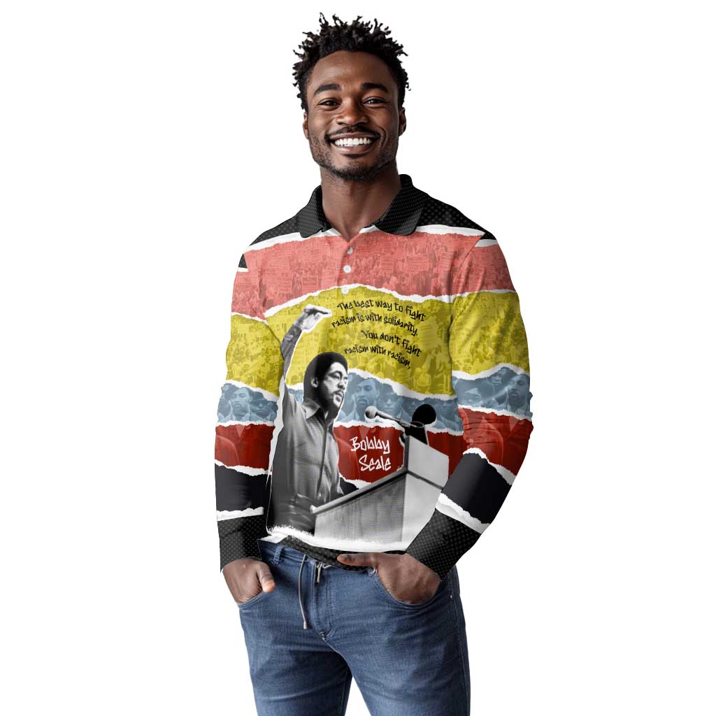 Bobby Seale Long Sleeve Polo Shirt Torn Paper Collage Design Solidarity Quote Powerful Speech Artwork Civil Rights - African Pride