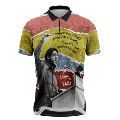 Bobby Seale Zipper Polo Shirt Torn Paper Collage Design Solidarity Quote Powerful Speech Artwork Civil Rights - African Pride