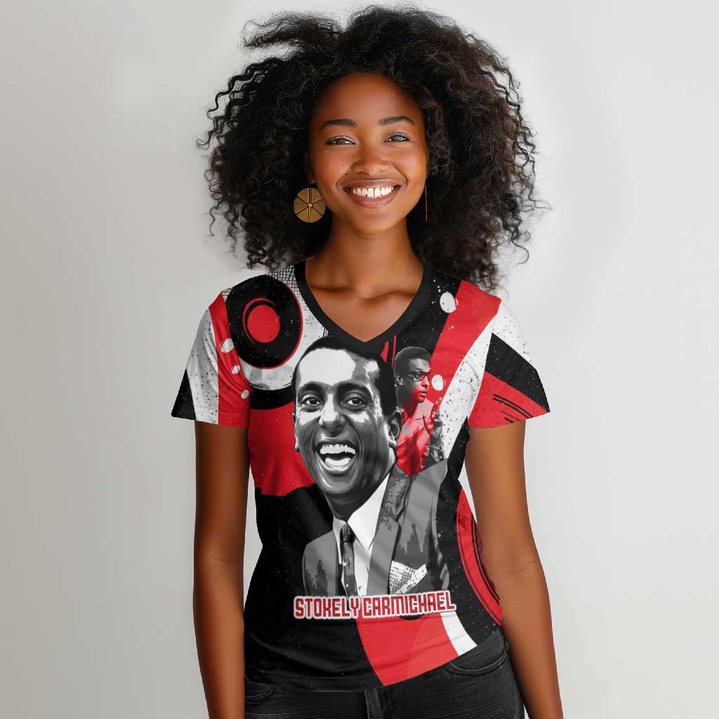 Stokely Carmichael Women V-Neck T-Shirt Abstract Design Black Power Text Civil Rights Activist - African Pride
