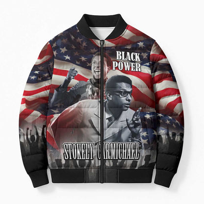 Stokely Carmichael Bomber Puffer Jacket American Flag Background Black Power Quote Civil Rights Leader Powerful Speech - African Pride
