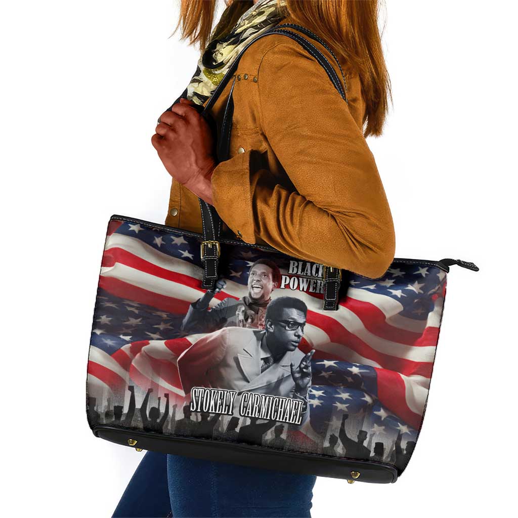 Stokely Carmichael Leather Tote Bag American Flag Background Black Power Quote Civil Rights Leader Powerful Speech - African Pride