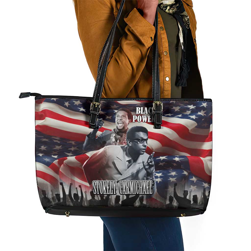 Stokely Carmichael Leather Tote Bag American Flag Background Black Power Quote Civil Rights Leader Powerful Speech - African Pride