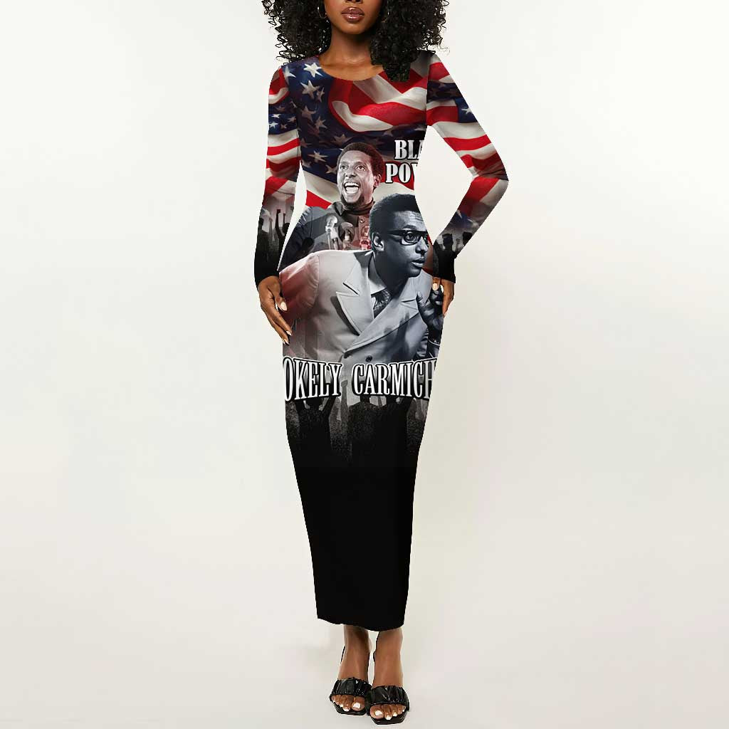 Stokely Carmichael Long Sleeve Bodycon Dress American Flag Background Black Power Quote Civil Rights Leader Powerful Speech - African Pride