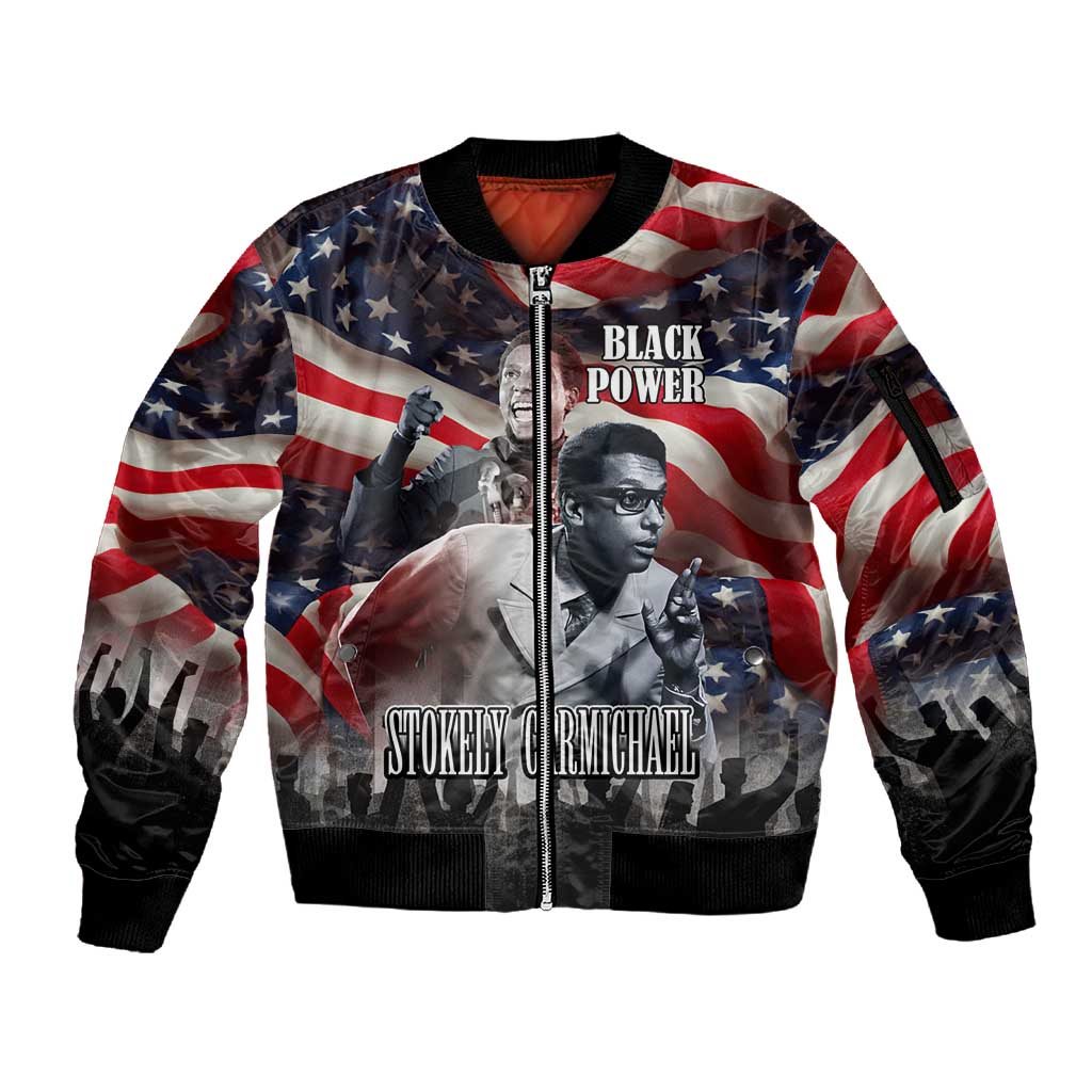 Stokely Carmichael Sleeve Zip Bomber Jacket American Flag Background Black Power Quote Civil Rights Leader Powerful Speech - African Pride