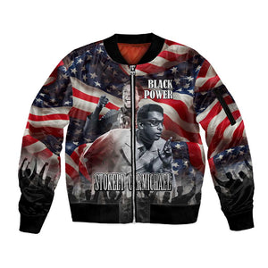 Stokely Carmichael Sleeve Zip Bomber Jacket American Flag Background Black Power Quote Civil Rights Leader Powerful Speech - African Pride