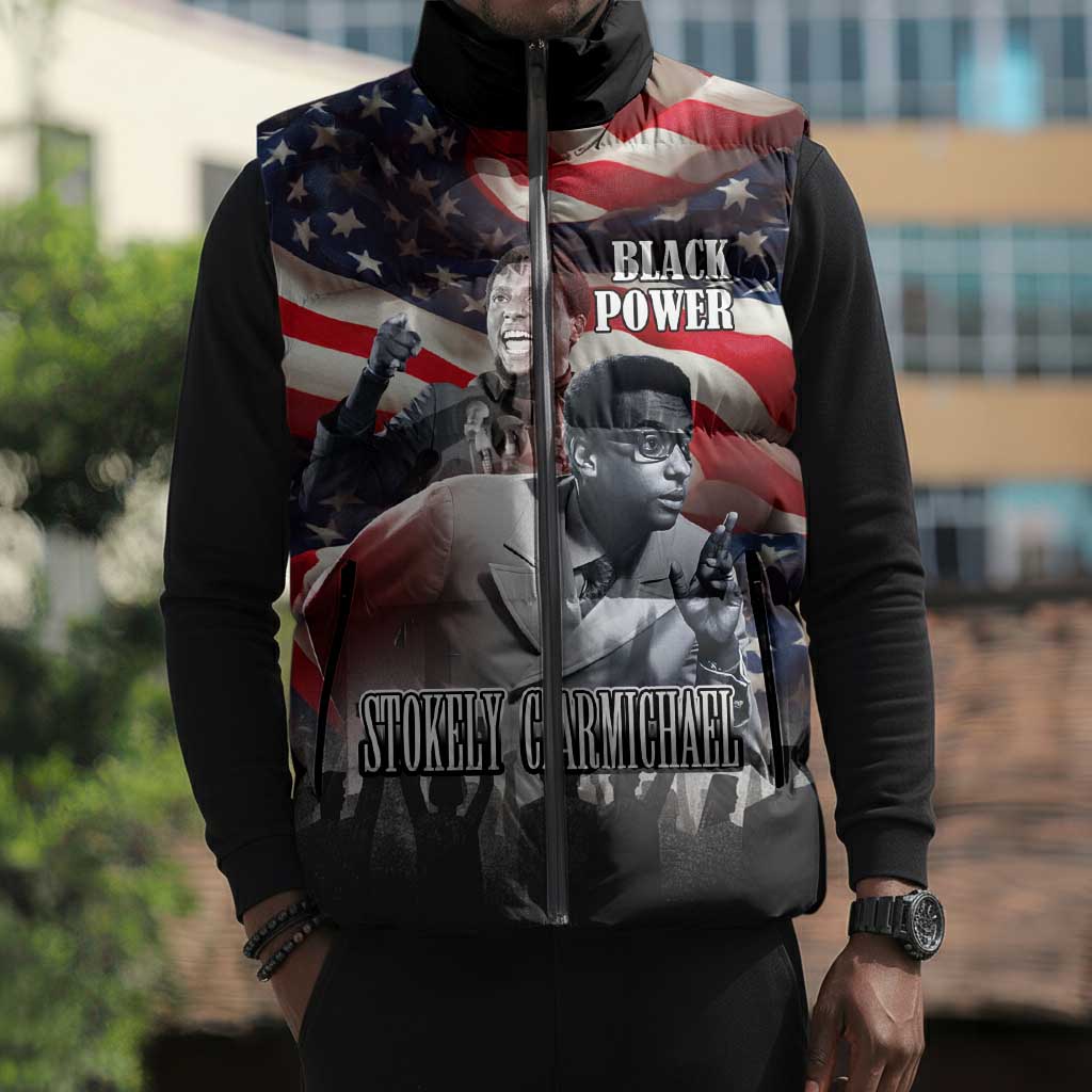 Stokely Carmichael Sleeveless Puffer Jacket American Flag Background Black Power Quote Civil Rights Leader Powerful Speech - African Pride